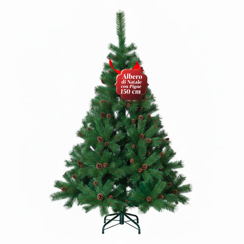 Realistický zelený vánoční stromek s šiškami a kovovou základnou – 150/180/210 cm
