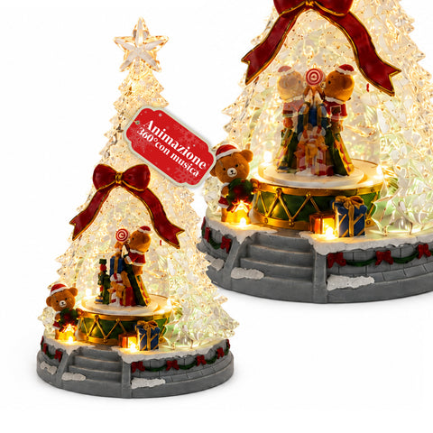 Svítící vánoční stromeček JoyTree s hudbou a 360° animací, LED světly, scénou s medvídky a louskáčky, duálním napájením USB, 32,5 cm