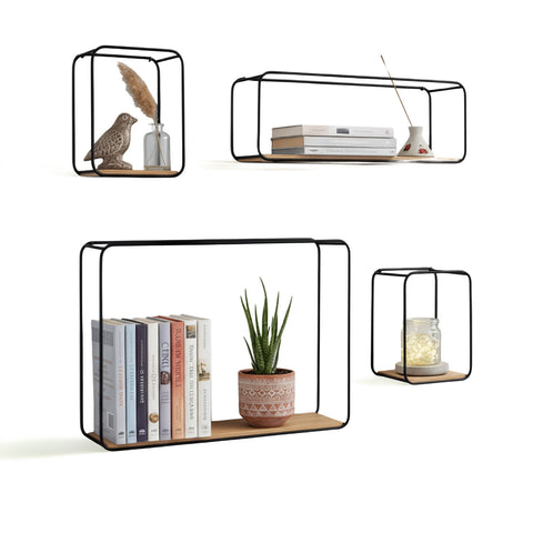 Sada 4 designových minimalistických nástěnných polic s policovou deskou z MDF a ocelovou konstrukcí