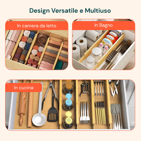 Separatori per Cassetti in Bamboo Regolabili con Molla - Set 4 Pezzi