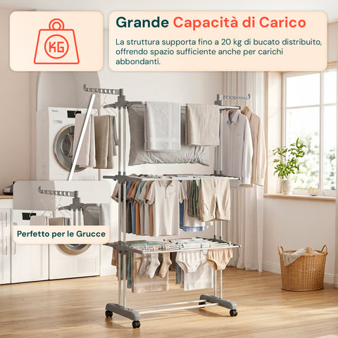 Stendibiancheria Verticale a 3 Livelli in Ferro e PP, Estensibile e con Ruote Pivottanti – L105xP64xA173cm, Portata 20kg