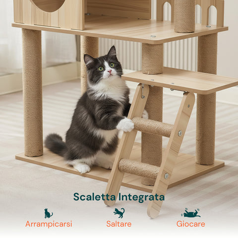 Albero Tiragraffi per Gatti Multilivello con Cuccia e Amaca H135cm