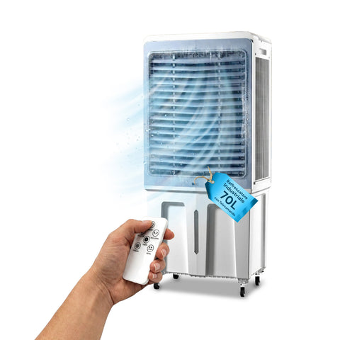 Průmyslový přenosný odpařovací ochlazovač vzduchu 70l 350W s dálkovým ovládáním a časovačem - funkce klimatizace, ventilátoru se 3 rychlostmi a oscilací