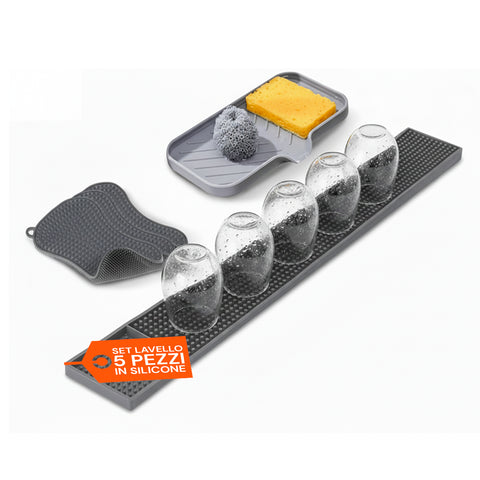 Sada 5 silikonových kuchyňských pomůcek - podložka do dřezu a ultraabsorpční houbičky