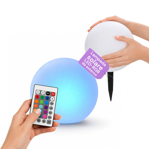 Solární zahradní lampa s dálkovým ovládáním, LED světla RGB+bílá, výdrž 8 hodin, Li-ion baterie, zapichovací hrot a integrovaný solární panel