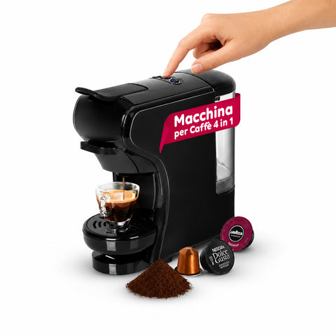 Espresso kávovar 4 v 1 – kapsle Nespresso, Dolce Gusto, Modo Mio a mletá káva, 19 barů, 1450 W, nádržka 0,6 l, automatické vypnutí