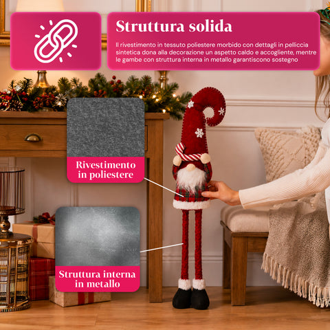 Rozkládací vánoční skřítek 80 cm s červenou čepicí a sněhovými vločkami – vánoční dekorace z tartanové látky s nastavitelnou konstrukcí
