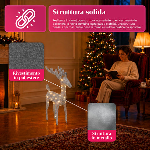 Svítící třpytivý sob 90 cm s LED světlem v teplé bílé barvě | Vánoční dekorace z proutí – 2 provedení, 3 barvy