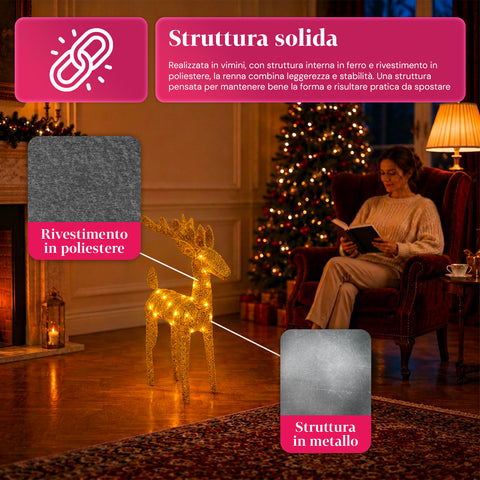 Svítící třpytivý sob 90 cm s LED světlem v teplé bílé barvě | Vánoční dekorace z proutí – 2 provedení, 3 barvy