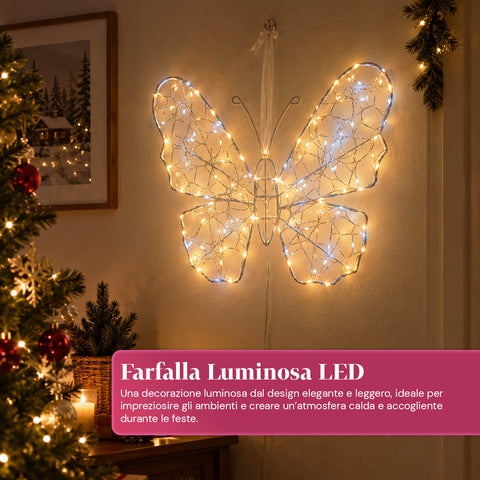 Bílý svítící LED motýl 50x40 cm – dekorativní železná lampa se zlatým drátkem, teplými a studenými bílými světly, napájením přes USB a háčkem