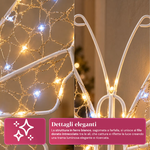 Bílý svítící LED motýl 50x40 cm – dekorativní železná lampa se zlatým drátkem, teplými a studenými bílými světly, napájením přes USB a háčkem