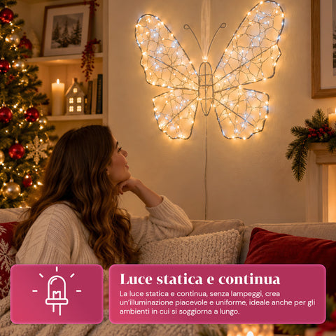 Bílý svítící LED motýl 50x40 cm – dekorativní železná lampa se zlatým drátkem, teplými a studenými bílými světly, napájením přes USB a háčkem