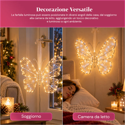 Bílý svítící LED motýl 50x40 cm – dekorativní železná lampa se zlatým drátkem, teplými a studenými bílými světly, napájením přes USB a háčkem