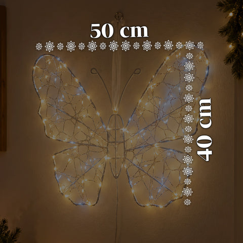 Bílý svítící LED motýl 50x40 cm – dekorativní železná lampa se zlatým drátkem, teplými a studenými bílými světly, napájením přes USB a háčkem