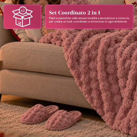 Set Coperta e Pantofole Soffici e Avvolgenti | Plaid Morbido 130x160 cm, Ciabatte Taglia Unica, 4 Colori