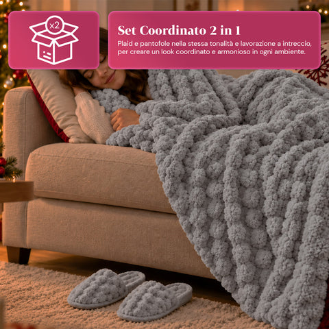 Set Coperta e Pantofole Soffici e Avvolgenti | Plaid Morbido 130x160 cm, Ciabatte Taglia Unica, 4 Colori