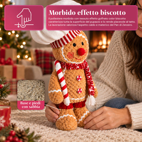 Plyšová perníková postavička Ginger 30 a 40 cm – vánoční dekorace s kuchařskou čepicí nebo vánoční čepicí