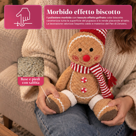 Plyšová perníková postavička Ginger 30 a 40 cm – vánoční dekorace s kuchařskou čepicí nebo vánoční čepicí