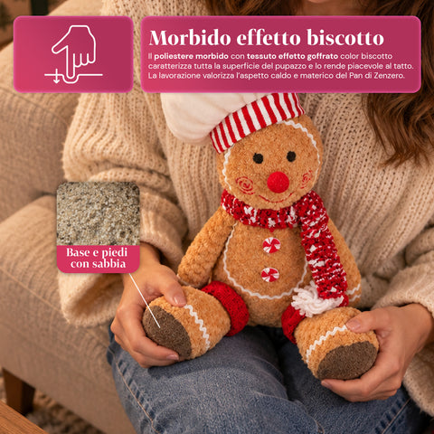 Plyšová perníková postavička Ginger 30 a 40 cm – vánoční dekorace s kuchařskou čepicí nebo vánoční čepicí