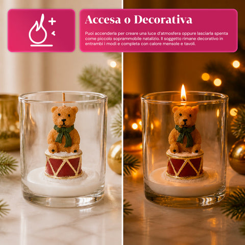 Vánoční svíčka ve skleněné nádobě 7 cm - medvídek s čepicí Santa Clause nebo medvěd na bubnu - dekorace a stolní aranžmá