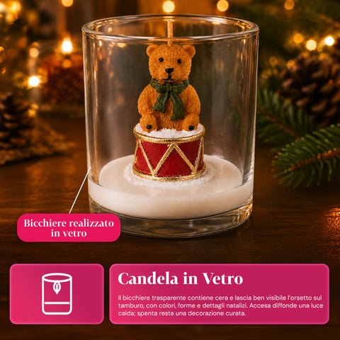 Vánoční svíčka ve skleněné nádobě 7 cm - medvídek s čepicí Santa Clause nebo medvěd na bubnu - dekorace a stolní aranžmá