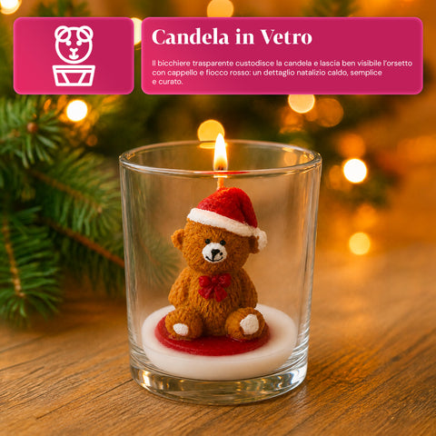 Vánoční svíčka ve skleněné nádobě 7 cm - medvídek s čepicí Santa Clause nebo medvěd na bubnu - dekorace a stolní aranžmá