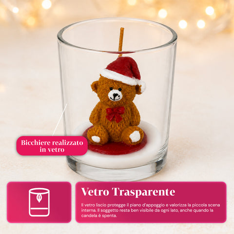 Vánoční svíčka ve skleněné nádobě 7 cm - medvídek s čepicí Santa Clause nebo medvěd na bubnu - dekorace a stolní aranžmá