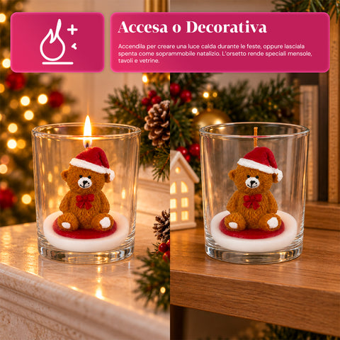 Vánoční svíčka ve skleněné nádobě 7 cm - medvídek s čepicí Santa Clause nebo medvěd na bubnu - dekorace a stolní aranžmá