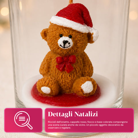 Vánoční svíčka ve skleněné nádobě 7 cm - medvídek s čepicí Santa Clause nebo medvěd na bubnu - dekorace a stolní aranžmá