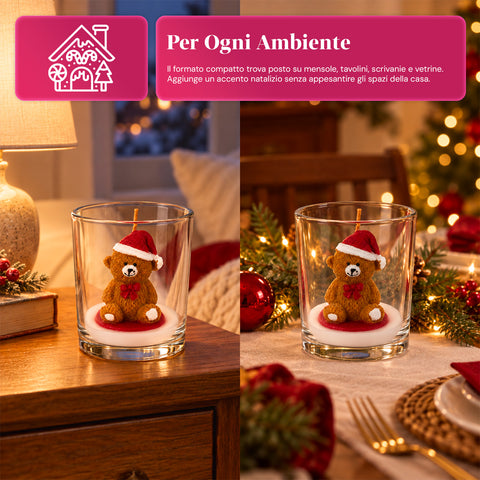 Vánoční svíčka ve skleněné nádobě 7 cm - medvídek s čepicí Santa Clause nebo medvěd na bubnu - dekorace a stolní aranžmá