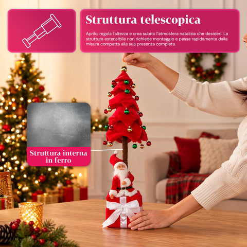 Roztahovací dekorativní vánoční stromek 95 cm a 90 cm z polyesteru se základnou ve tvaru dárkového balíčku a červenými, zelenými a zlatými baňkami - 3 barevné varianty
