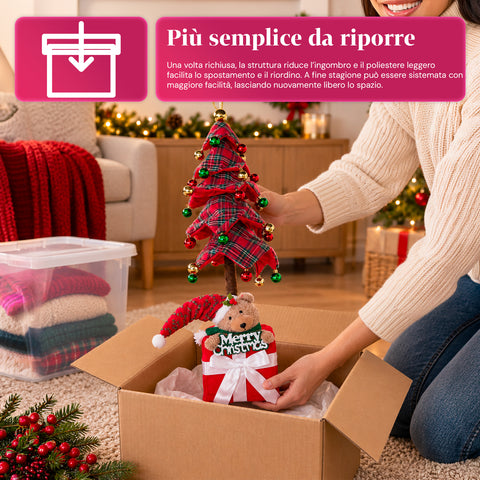 Roztahovací dekorativní vánoční stromek 95 cm a 90 cm z polyesteru se základnou ve tvaru dárkového balíčku a červenými, zelenými a zlatými baňkami - 3 barevné varianty