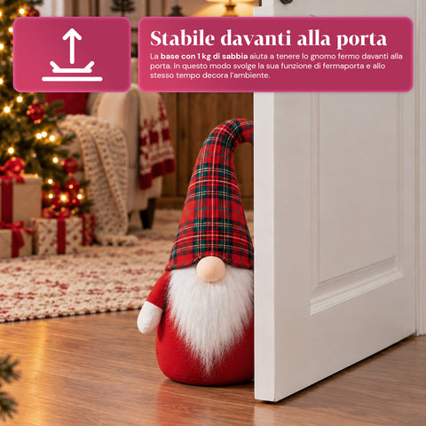 Vánoční skřítek jako zarážka dveří 60 cm s LED diodou v nose, 3 režimy svícení, naplněný 1 kg písku, měkký polyester - Bindbox
