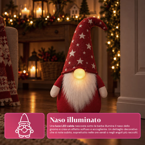 Vánoční skřítek jako zarážka dveří 60 cm s LED diodou v nose, 3 režimy svícení, naplněný 1 kg písku, měkký polyester - Bindbox