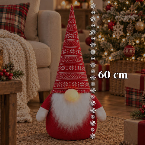 Vánoční skřítek jako zarážka dveří 60 cm s LED diodou v nose, 3 režimy svícení, naplněný 1 kg písku, měkký polyester - Bindbox