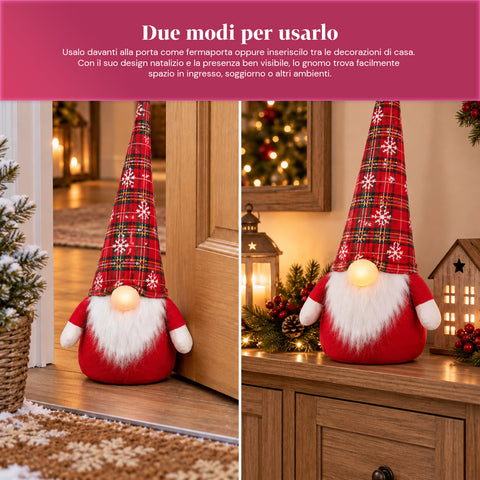 Vánoční skřítek jako zarážka dveří 60 cm s LED diodou v nose, 3 režimy svícení, naplněný 1 kg písku, měkký polyester - Bindbox