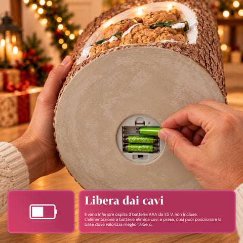 Stojan na vánoční stromek ve tvaru kmene s pohyblivými LED světly a 3D figurkami pro stromky do 180 cm - železný a hořčíkový kryt stojanu s uchycením Ø 4 cm