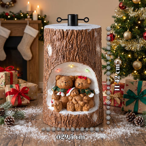 Stojan na vánoční stromek ve tvaru kmene s pohyblivými LED světly a 3D figurkami pro stromky do 180 cm - železný a hořčíkový kryt stojanu s uchycením Ø 4 cm