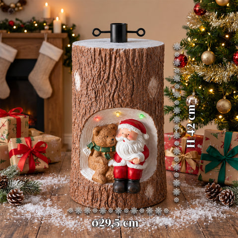Stojan na vánoční stromek ve tvaru kmene s pohyblivými LED světly a 3D figurkami pro stromky do 180 cm - železný a hořčíkový kryt stojanu s uchycením Ø 4 cm