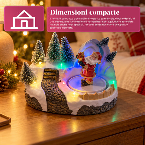 Svítící vánoční vesnička s otočným prvkem, LED světly a hudbou – 3 varianty: stromek, Santa Claus, děti – 17x14x15 cm