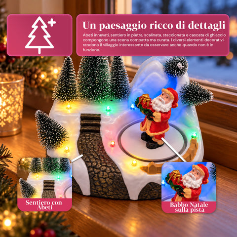 Svítící vánoční vesnička s otočným prvkem, LED světly a hudbou – 3 varianty: stromek, Santa Claus, děti – 17x14x15 cm