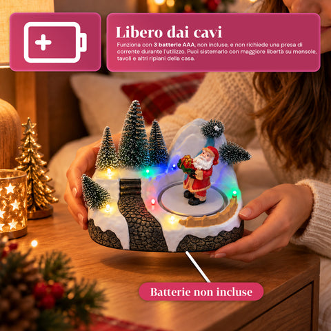 Svítící vánoční vesnička s otočným prvkem, LED světly a hudbou – 3 varianty: stromek, Santa Claus, děti – 17x14x15 cm
