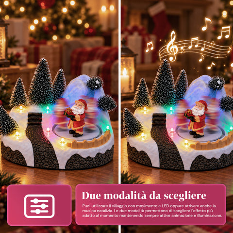 Svítící vánoční vesnička s otočným prvkem, LED světly a hudbou – 3 varianty: stromek, Santa Claus, děti – 17x14x15 cm