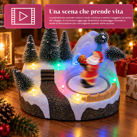 Svítící vánoční vesnička s otočným prvkem, LED světly a hudbou – 3 varianty: stromek, Santa Claus, děti – 17x14x15 cm