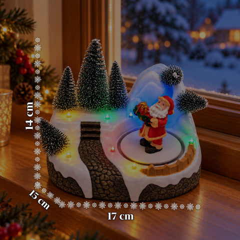 Svítící vánoční vesnička s otočným prvkem, LED světly a hudbou – 3 varianty: stromek, Santa Claus, děti – 17x14x15 cm