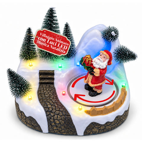 Svítící vánoční vesnička s otočným prvkem, LED světly a hudbou – 3 varianty: stromek, Santa Claus, děti – 17x14x15 cm