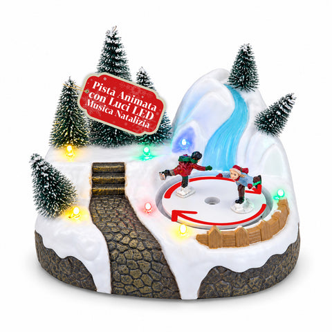 Svítící vánoční vesnička s otočným prvkem, LED světly a hudbou – 3 varianty: stromek, Santa Claus, děti – 17x14x15 cm