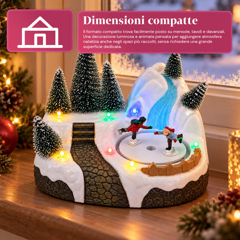 Svítící vánoční vesnička s otočným prvkem, LED světly a hudbou – 3 varianty: stromek, Santa Claus, děti – 17x14x15 cm