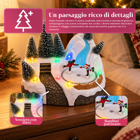 Svítící vánoční vesnička s otočným prvkem, LED světly a hudbou – 3 varianty: stromek, Santa Claus, děti – 17x14x15 cm