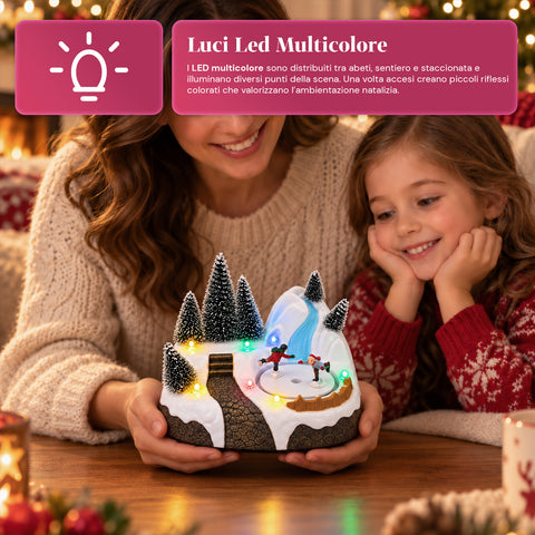 Svítící vánoční vesnička s otočným prvkem, LED světly a hudbou – 3 varianty: stromek, Santa Claus, děti – 17x14x15 cm